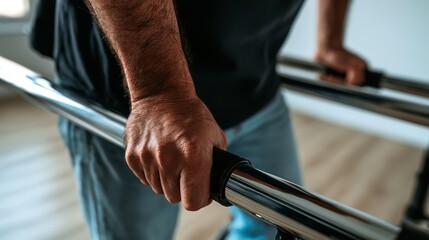 Obraz premium Close up of an elderly person hands gripping the polished metal handlebars of a mobility walker while standing on a light wooden floor in a home interior