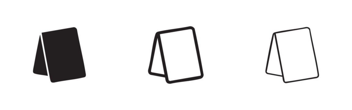 Table tent display icon set. Menu or signage holder for restaurant.