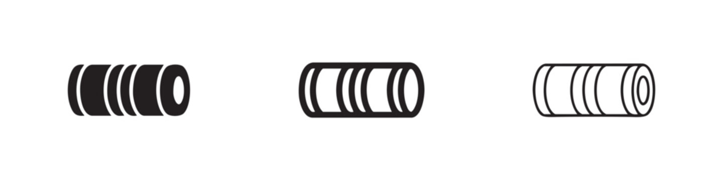 Set of three weighted roller icons, solid black, outline black, outline white
