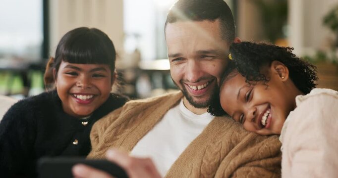 Father, children and happy with selfie on couch for bonding, love or post on web in living room. People, dad and kids with photography on mobile app, relax or memory with care at blended family house