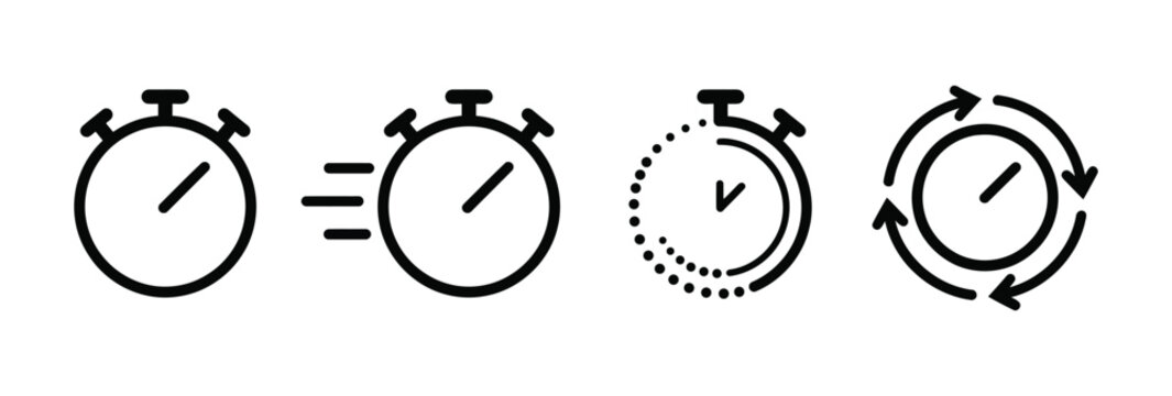 Stopwatch icon set representing timing, progress, and cycles in outline and motion styles
