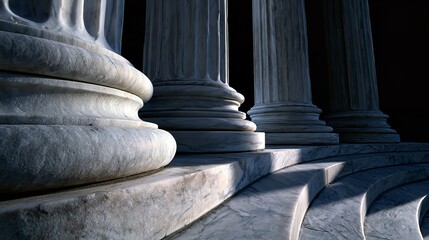 Naklejka premium Three elegant white marble columns rise above curved stone steps set against a stark black background under dramatic cinematic lighting that emphasizes architectural texture