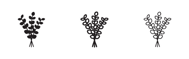 Three eucalyptus branch icons, solid, outline, and hand-drawn styles. © liubomir118809