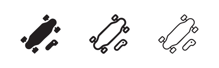 Three longboard skateboard icons, solid, outline, and hand-drawn styles. © liubomir118809