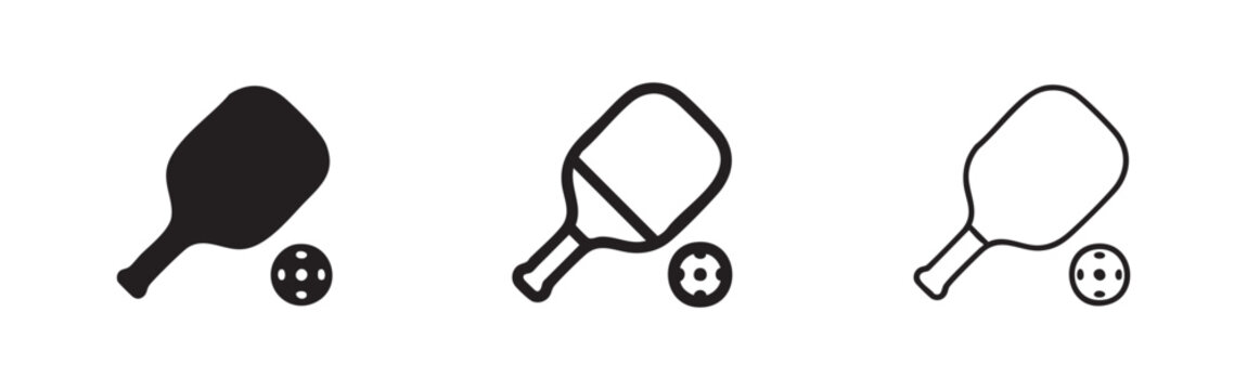 Three pickleball paddle and ball icons, solid, outline, and hand-drawn styles.