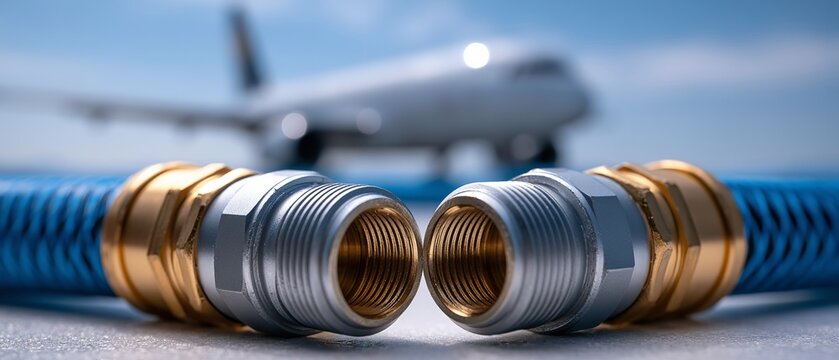 Two blue industrial water hoses with metallic brass threaded fittings face each other in the foreground with a blurred airplane in the background