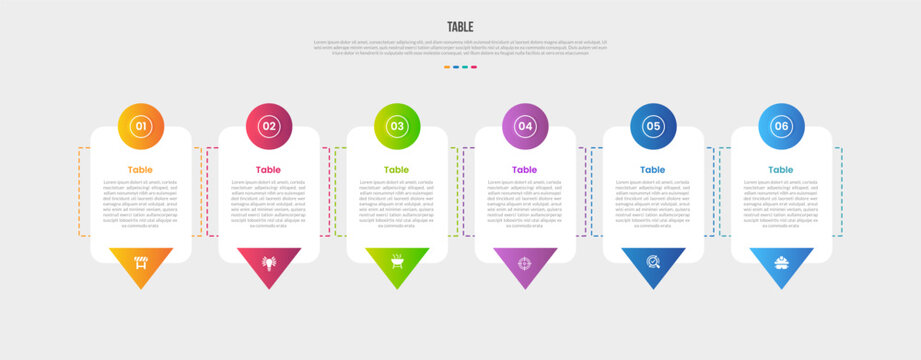 Table box base shape infographics gradient template diagram with round box with circle badge on top and triangle arrow on bottom with 6 point step creative