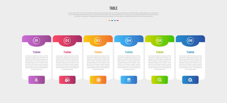 Table box base shape infographics gradient template diagram with round rectangle badge bottom and half circle cut on top with 6 point step creative