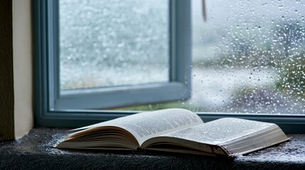 Fototapeta na wymiar Old Notebook Beside Rain Speckled Glass