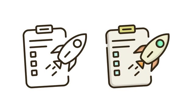 Animated Clipboard Checklist and Rocket Icon on White and Green Background
