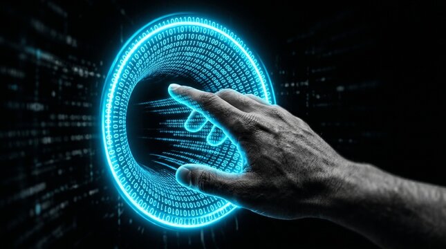 Hand Reaching Through Glowing Binary Code Portal in Digital Space