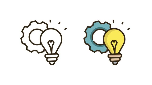 Animated Innovation Lightbulb and Gear Icon Set in Outline and Flat Style on White and Green Background