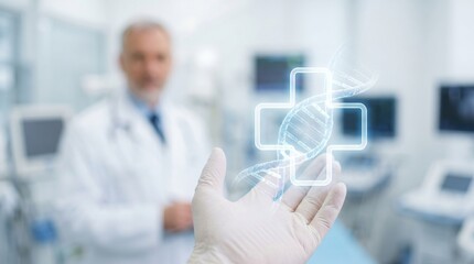 Fototapeta premium Gloved Hand Holding Holographic DNA Helix and Medical Cross with Blurred Doctor in Clinic