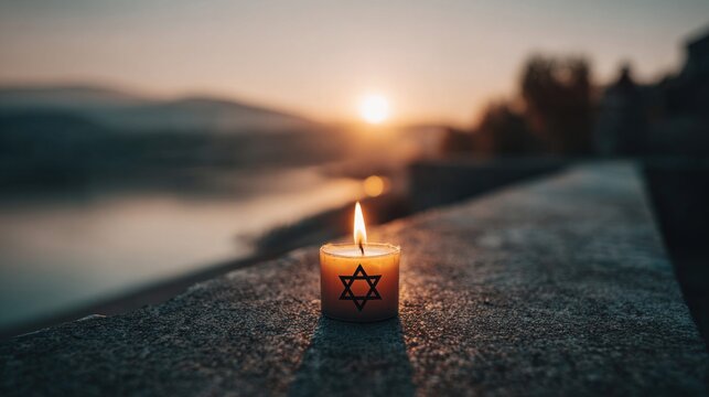 Single lit candle with Star of David symbol at sunset, symbolizing remembrance and hope