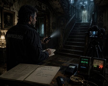 Paranormal investigator exploring haunted house with ghost equipment. AI-generated.