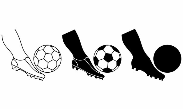 Soccer player foot kicking football in outline and silhouette vector. Sports icon illustration ideal for logo, poster, jersey, app, banner, and branding