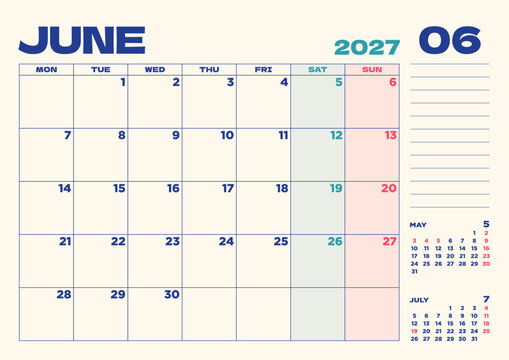 2027年卓上カレンダー：6月、日本の祝日入り、月曜始まり