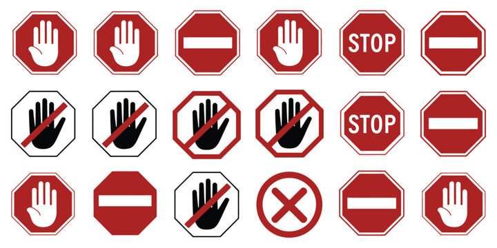 Stop sign set isolated, red traffic stop hand signal symbol, warning do not enter forbidden sign sticker, ad block and hazard safety icons for road regulation design system.