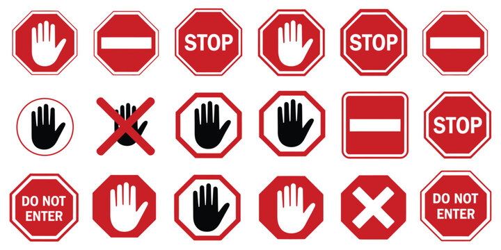 Stop signs set, red traffic car stop hand signal warning symbol, do not enter forbidden sticker, ad block sign, hazard sign symbol vector illustration isolated.