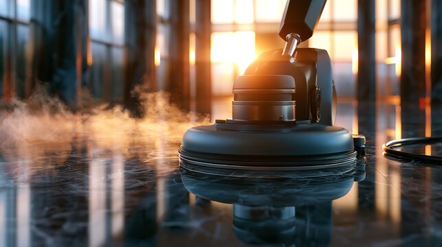 An industrial floor buffer machine operates on a dark marble surface while emitting steam in a spacious room illuminated by the warm glow of a golden sunset
