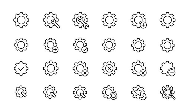 A modern vector collection of gear wheel and settings related icons. Includes cogwheels, control panels, system adjustment symbols, engineering gears, and software settings elements in clean minimal o