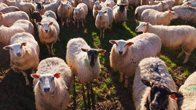 Drone rotation draws curious sheep attention across Dobele countryside pasture