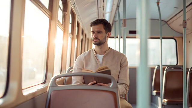 Cheap holiday inspiration, Budget traveler using public transport, window light, calm composition Budget travel planning concept.