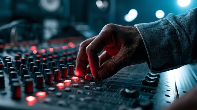 A close-up view shows a hand adjusting a sliding fader on a dark music mixing desk that features bright red illuminated indicator lights in a studio setting
