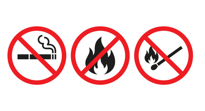 no smoking no fire no matches icons in red circles