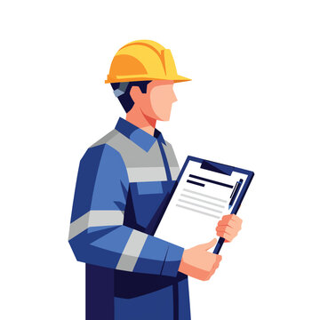 Construction foreman wearing yellow safety helmet and blue reflective uniform holding clipboard during site audit.
