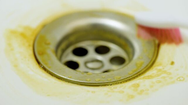 Persistent drain ring scouring with toothbrush, gloved hand agitates soap foam around metal fixture, focused maintenance scene, scum lifting from rim, stepbystep bathroom restore
