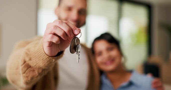 Hands, couple and happy with keys to new home for property purchase, moving in and marriage goals. Real estate, people or embrace with keychain for dream house, investment pride or relocation support