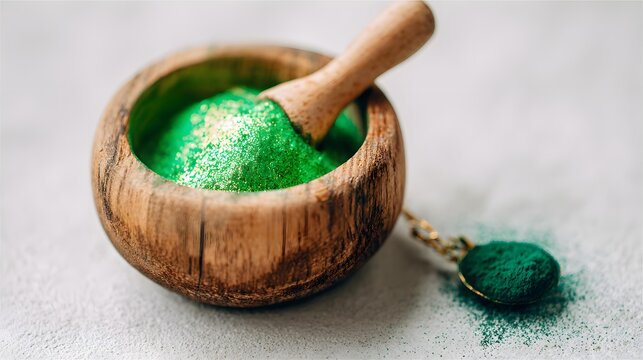 spirulina powder in small bowl with wooden scoop on white marble table clean and modern composition