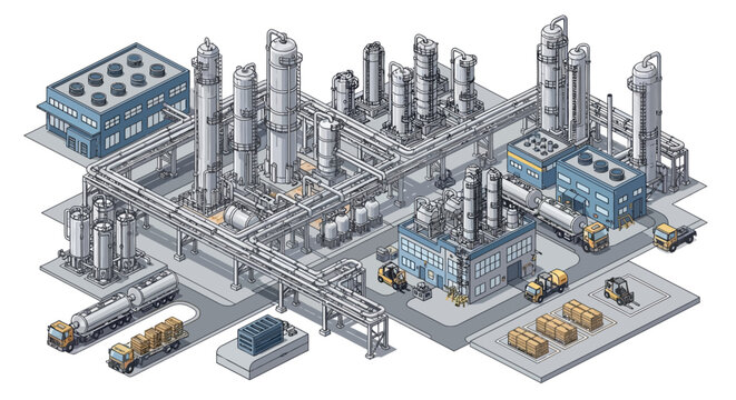 Isometric illustration of a large industrial oil refinery complex with pipelines and transport vehicles.