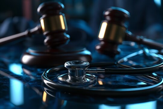 Two wooden judge gavels sit behind a polished silver stethoscope resting on a deep dark blue reflective surface in a professional legal and medical office setting