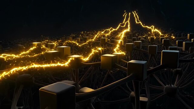 A dark and abstract digital rendering depicts a vast network of interconnected cubes and lines, suggesting complex systems and data flow.