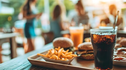 Fototapeta premium feast spread across table including burgers tacos fries pizza and fried chicken vibrant chaotic arrangement