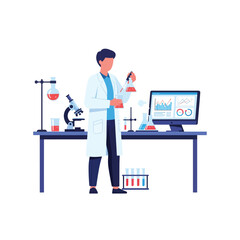 Fototapeta premium Medical researcher performing chemical experiment using pipette with microscope and digital data monitor.