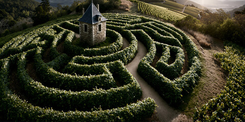 Fototapeta premium Winding mosslined paths encircle rustic stone house during tranquil evening twilight mood