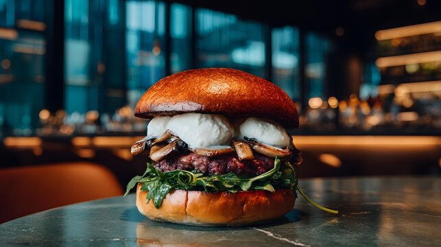 with brioche bun wagyu patty arugula and truffle aioli styled in modern luxury restaurant