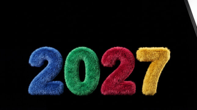 2027 fuzzy colorful numbers on black background with blue green red yellow texture for playful design kids party calendar concept with copy space marketing banner web header campaign