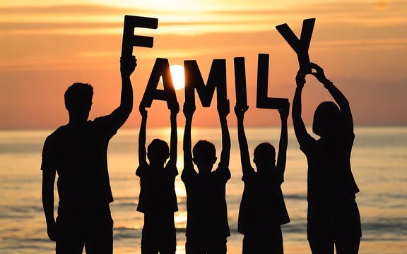 Silhouette of a family holding letters spelling the word family on the beach at golden sunset