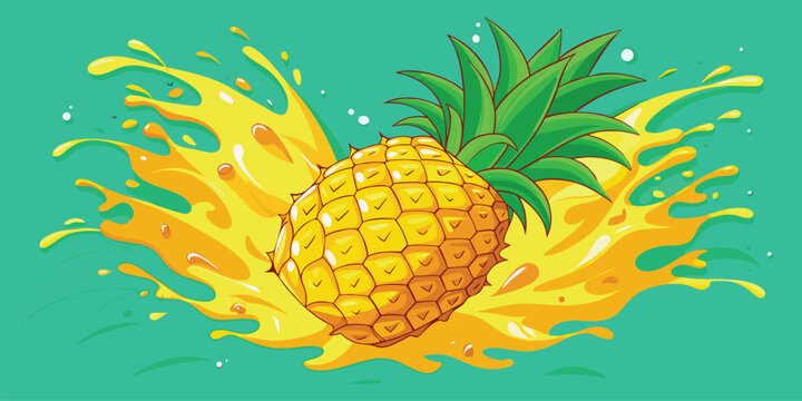 Juicy pineapple bursting from tropical splash against vibrant teal background, refreshing summer fruit explosion
