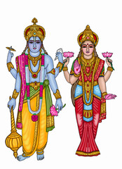 Obraz premium hand drawn digital art of goddess lakshmi and vishnu