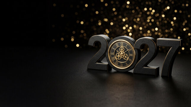Elegant 2027 numerals with clock inside zero on black surface with golden festive lights symbolizing time management countdown celebration premium new year planning luxury event concept