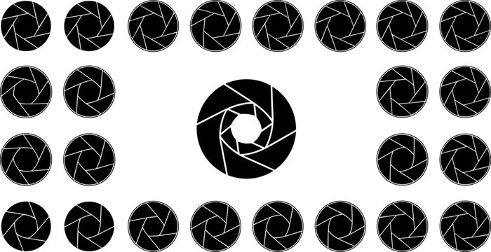 Camera Lens Aperture Shutter Icon Set Featuring Black Geometric Diaphragm Elements for Photography Media Video and Creative Studio Graphic Designs