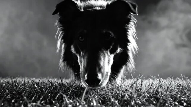 Black and white close up of a focused border collie dog peering through grass on a dark background
