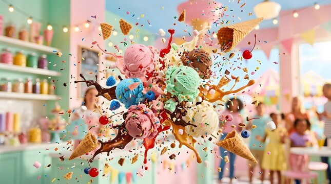 Cinematic wide-angle shot of colorful ice cream scoops exploding mid-air, splashes of vibrant sauces, sprinkles flying, bright pastel background, high-speed photography, ultra detailed, playful compos
