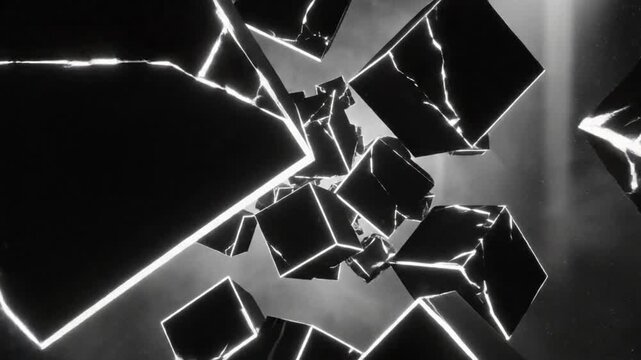 Abstract futuristic black glowing cubes with cracks floating in dark background with white spotlights for science concept