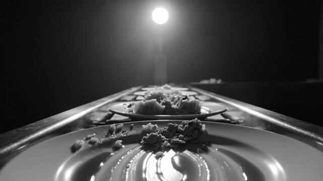 Black and white shot of plates with food on a metal surface, illuminated by a bright overhead light